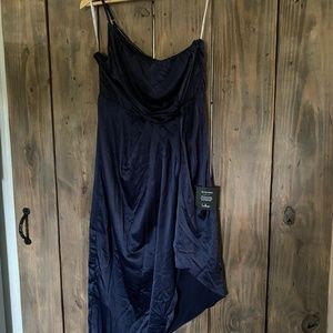 Lulus Navy Blue Satin One-Shoulder Assymetrical Midi Dress